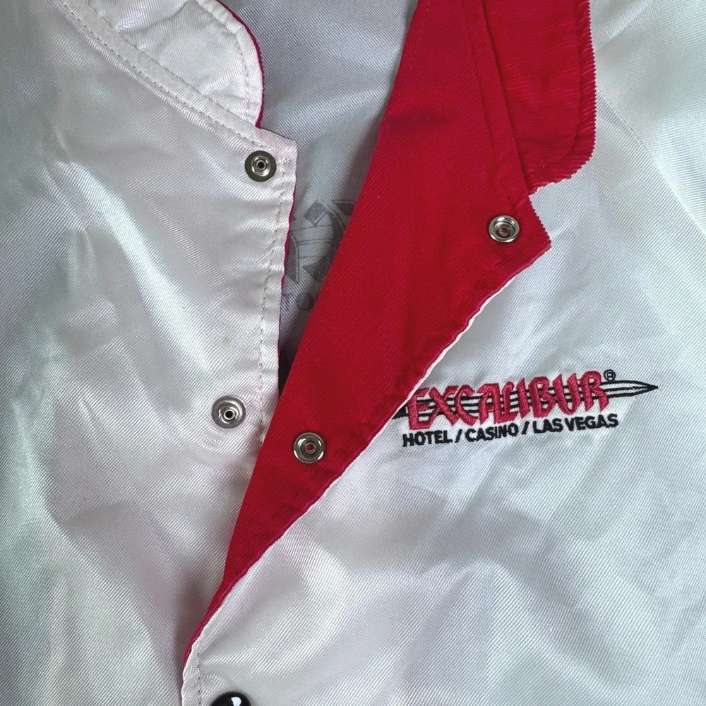 Vintage Excalibur Hotel Casino Las Vegas White Satin Bomber Jacket Mens Large